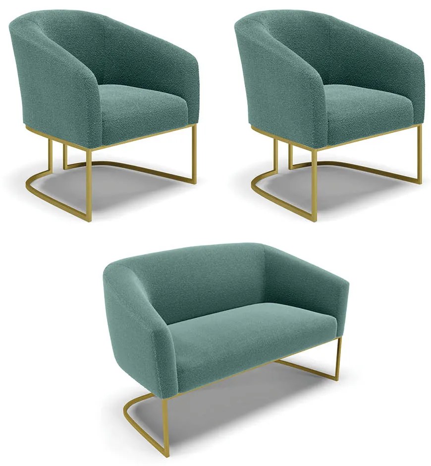 Namoradeira e 2 Poltronas Industrial Dourado Stella Bouclê D03 - D'Rossi - Verde Menta