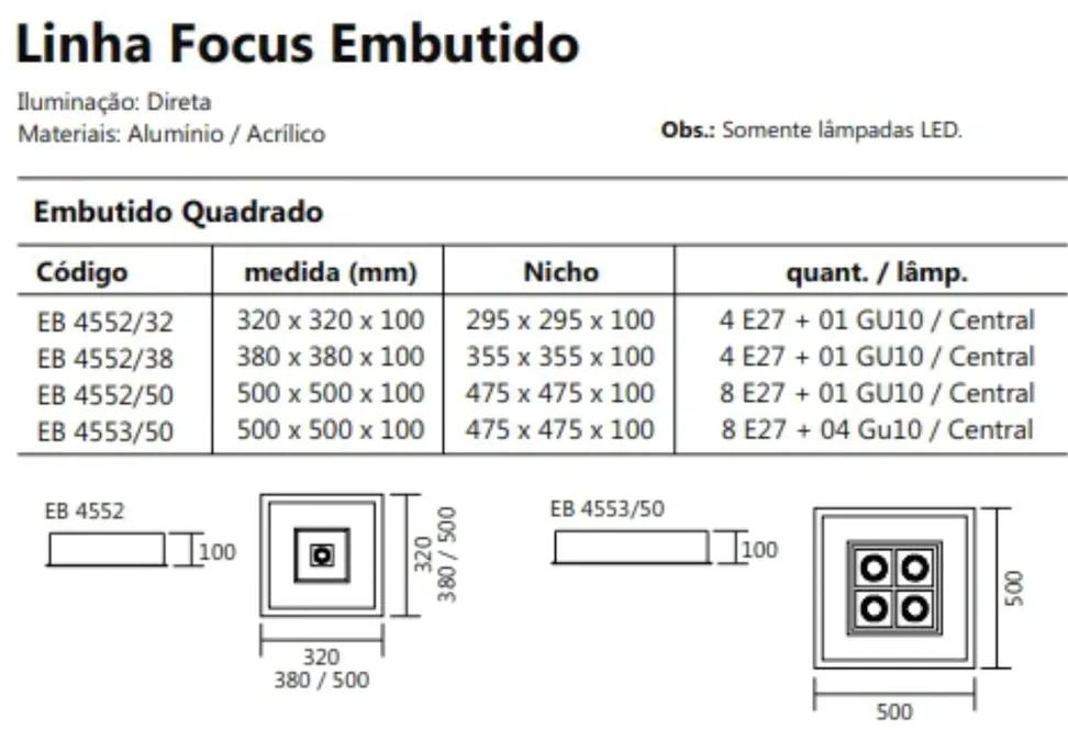 Luminária De Embutir Focus Quadrado C/ Aba 8Xe27 + 4Xmr16 50X50X10Cm |... (AV-M - Avelã Metálico)