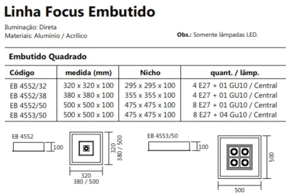 Luminária De Embutir Focus Quadrado C/ Aba 8Xe27 + 4Xmr16 50X50X10Cm |... (ORN-M - Ouro Novo Metálico)