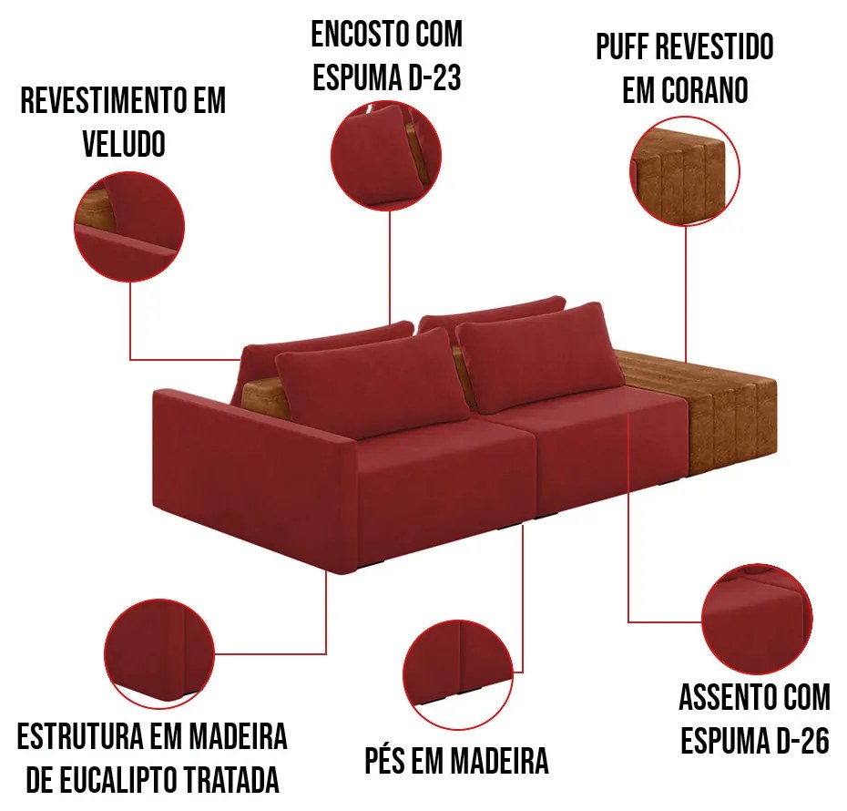 Sofá Ilha 2 Lugares Living 232cm Modulado para Sala Lary Veludo K01 - D'Rossi - Vermelho