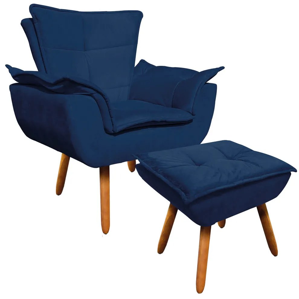 Poltrona e Puff Decorativo Pé Palito de Madeira Opala Suede D03 - D'Rossi - Azul Marinho