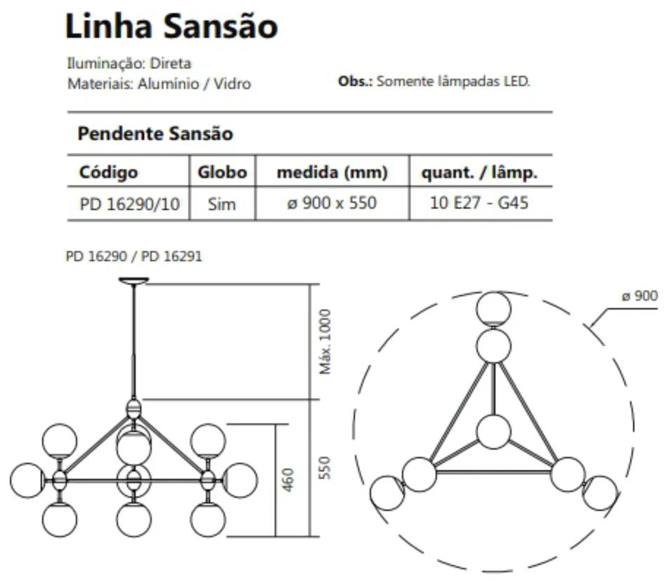 Pendente Sansão Ø90X55X155 C/ 10 Globos 10Xe27 G45 / Metal E Globo Ø14... (DR-M Dourado Metálico, FOSCO)