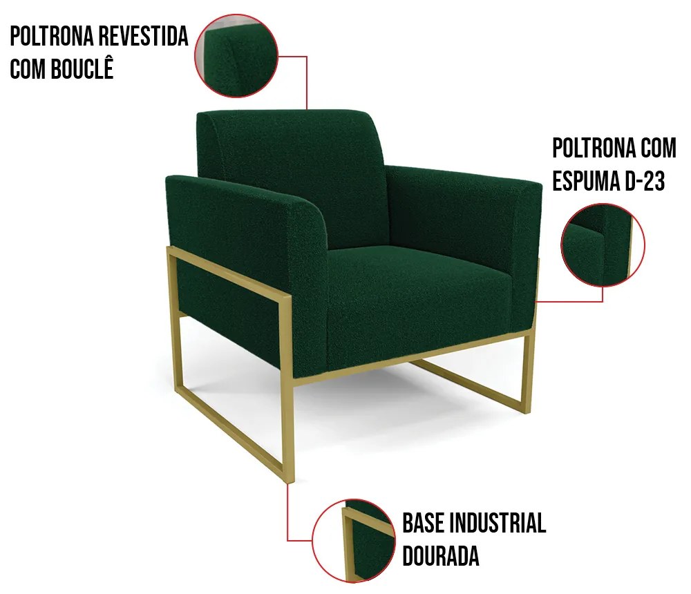 Namoradeira e 2 Poltronas Industrial Alta Dourado Marisa Bouclê Verde D03 - D'Rossi