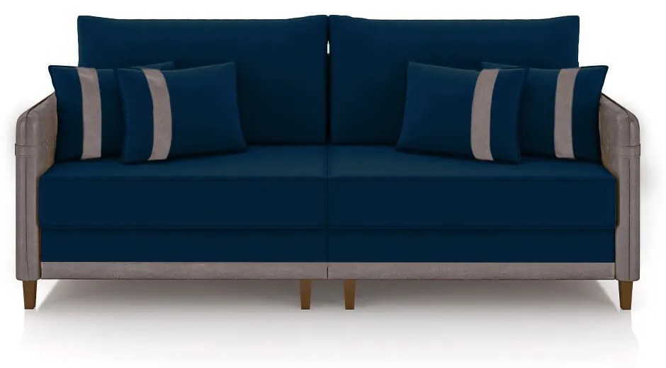 Sofá Living Montecarlo 3 Lugares Bipartido 232cm Pés em Madeira Veludo/PU Azul/Cinza G33 - Gran Belo