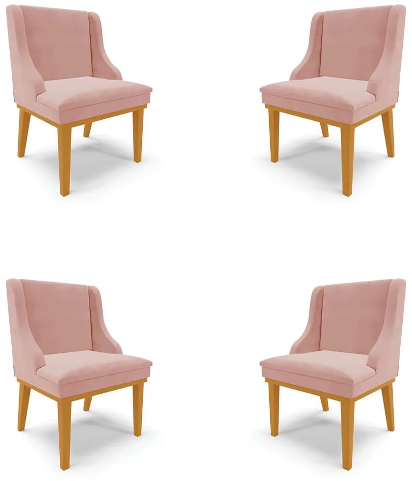 Kit 4 Cadeiras Decorativas Sala de Jantar Base Fixa de Madeira Firenze Veludo Rose/Castanho G19 - Gran Belo