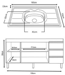 Balcão Gabinete Com Pia 160cm 3 Portas Karen P14 Branco - Mpozenato