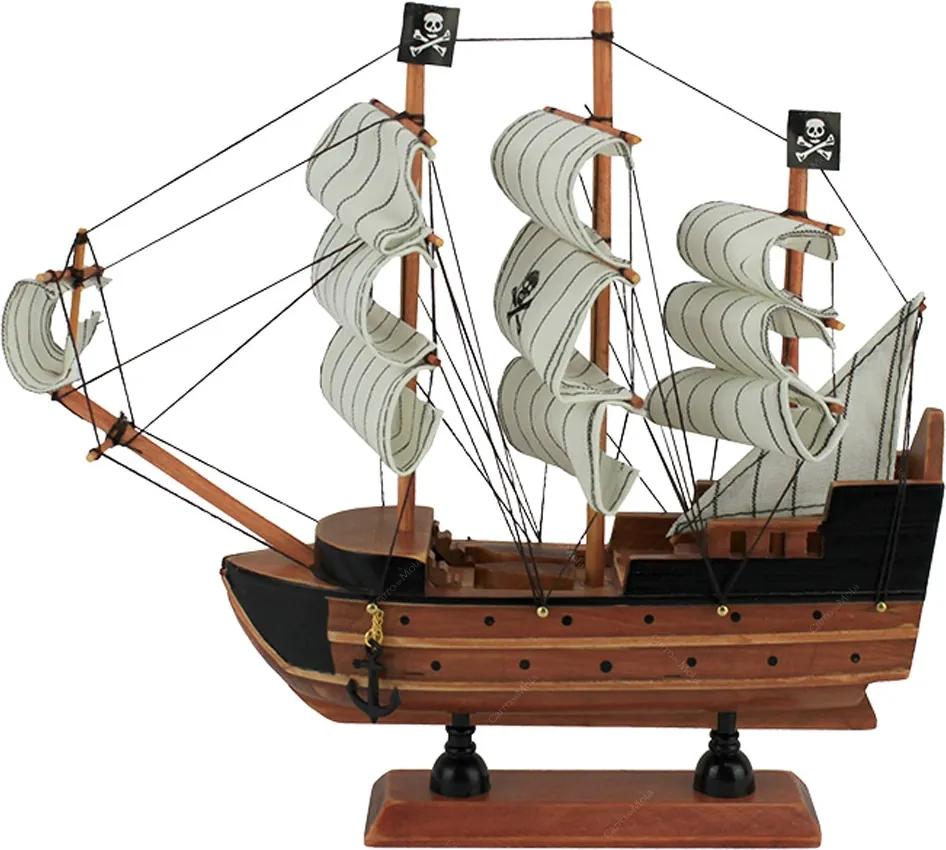 Miniatura Fragata Pirata Marrom/Branco com Âncora em Madeira - 24 cm
