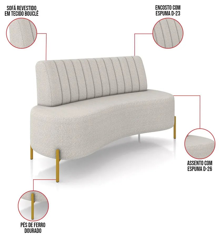 Sofá 2 Lugares Living 135cm Pé Ferro Dourado Maraú Bouclê K01 - D'Rossi - Cinza claro