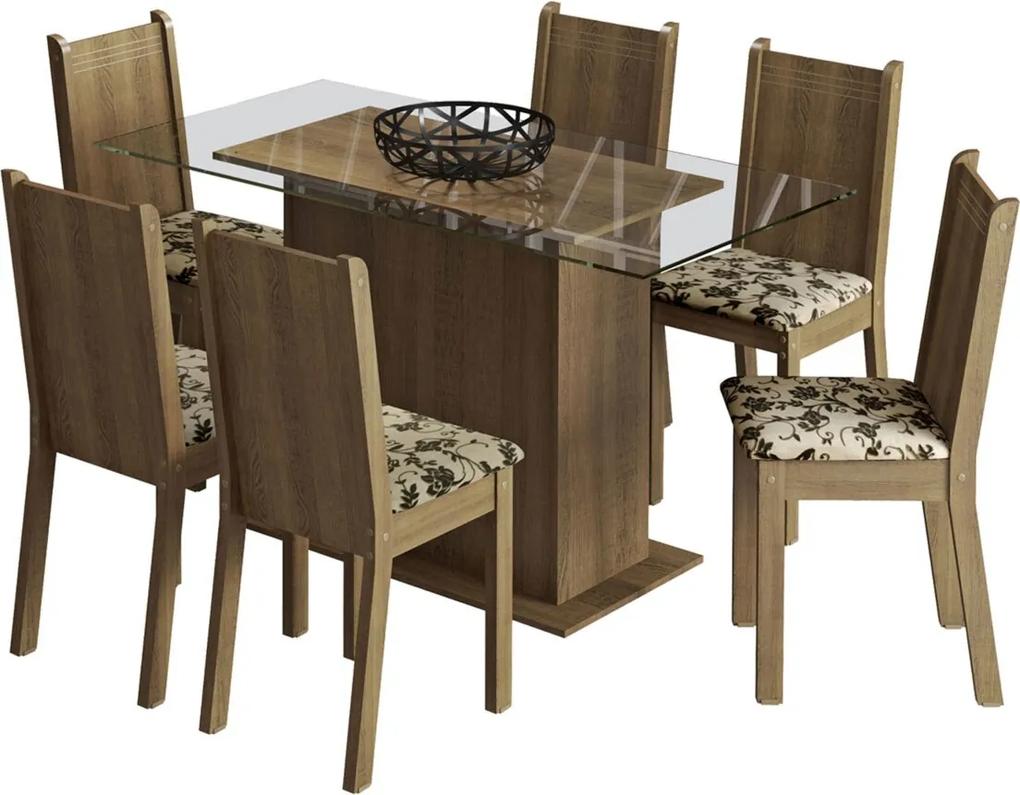 Sala De Jantar Madesa Base De Madeira Com Tampo De Vidro E 6 Cadeiras Molly - Rustic/ Bege-Marrom