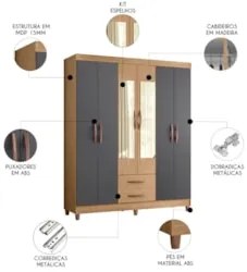 Guarda Roupa Solteiro 154cm com Espelho Dony A02 Freijó/Titanium - Mpo