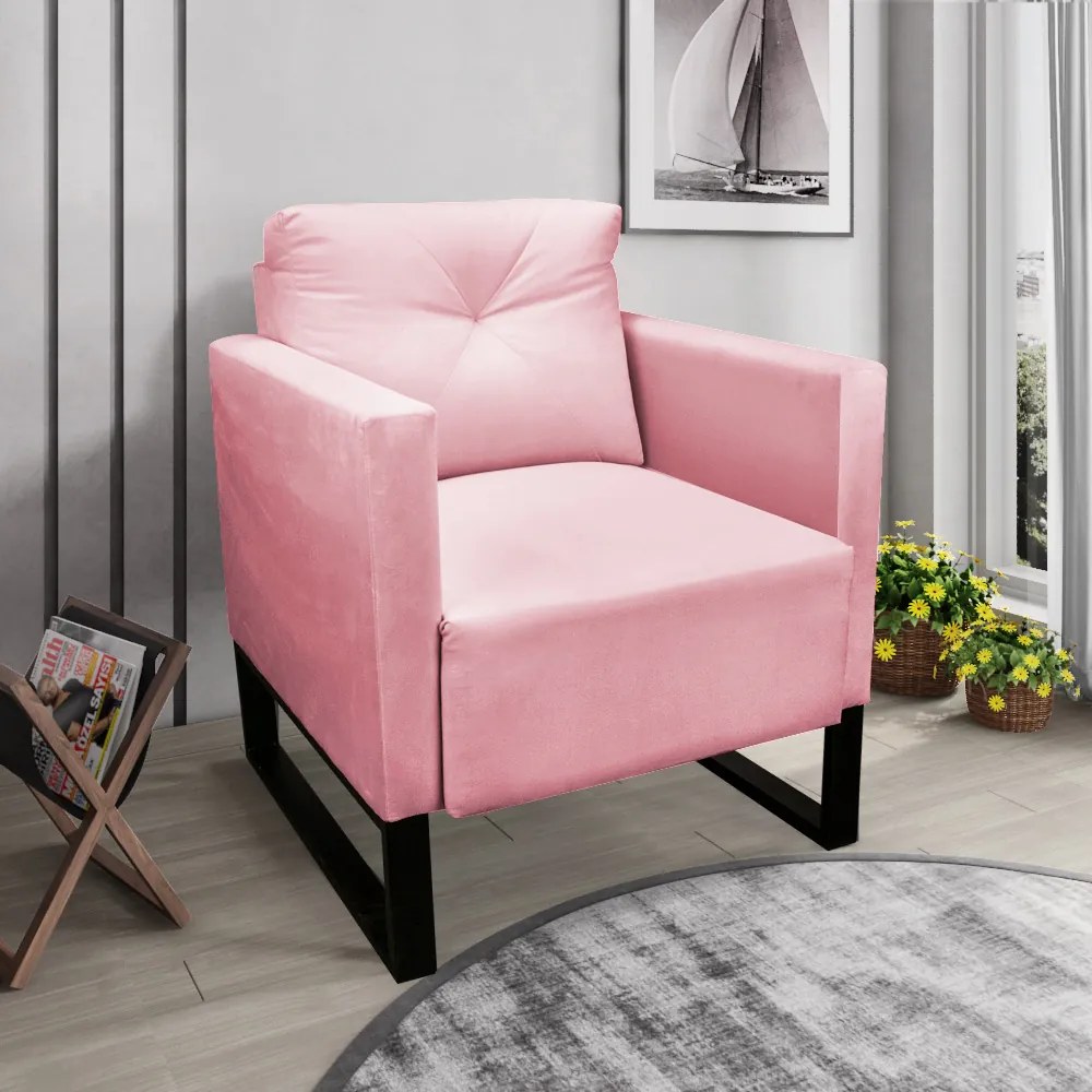 Poltrona Luisa Suede Rosa Bebê Base Industrial Metálica Preto D01 - D'Rossi