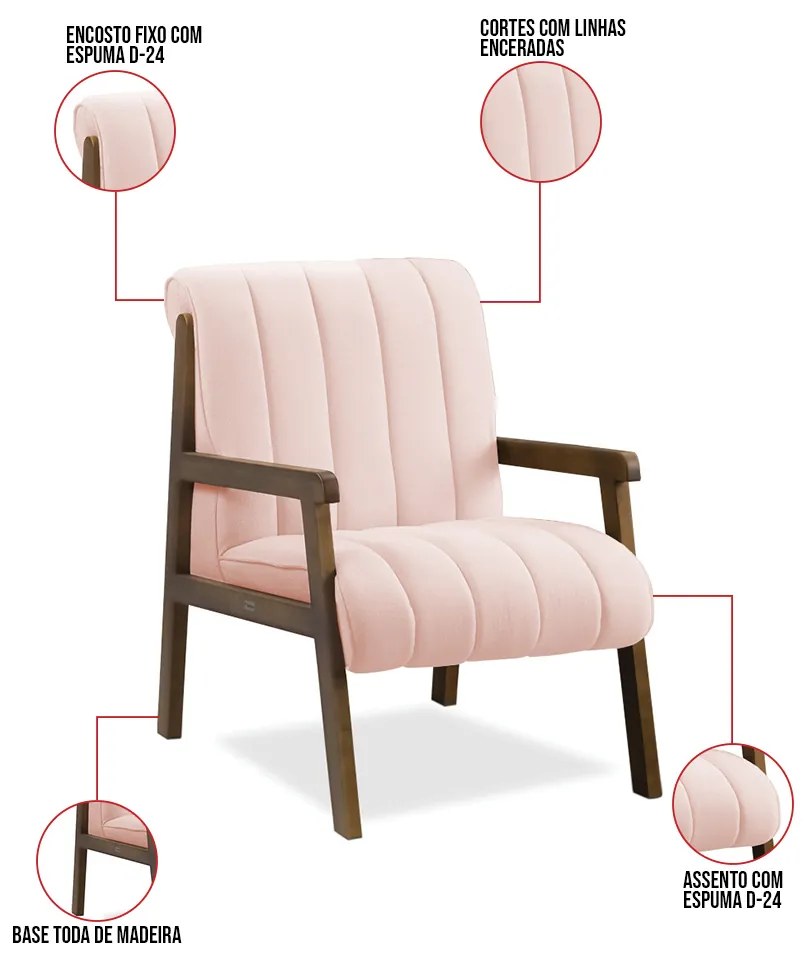 Poltrona Decorativa Sala Base de Madeira kit 2 Daline Bouclê E03 - D'Rossi - Rose
