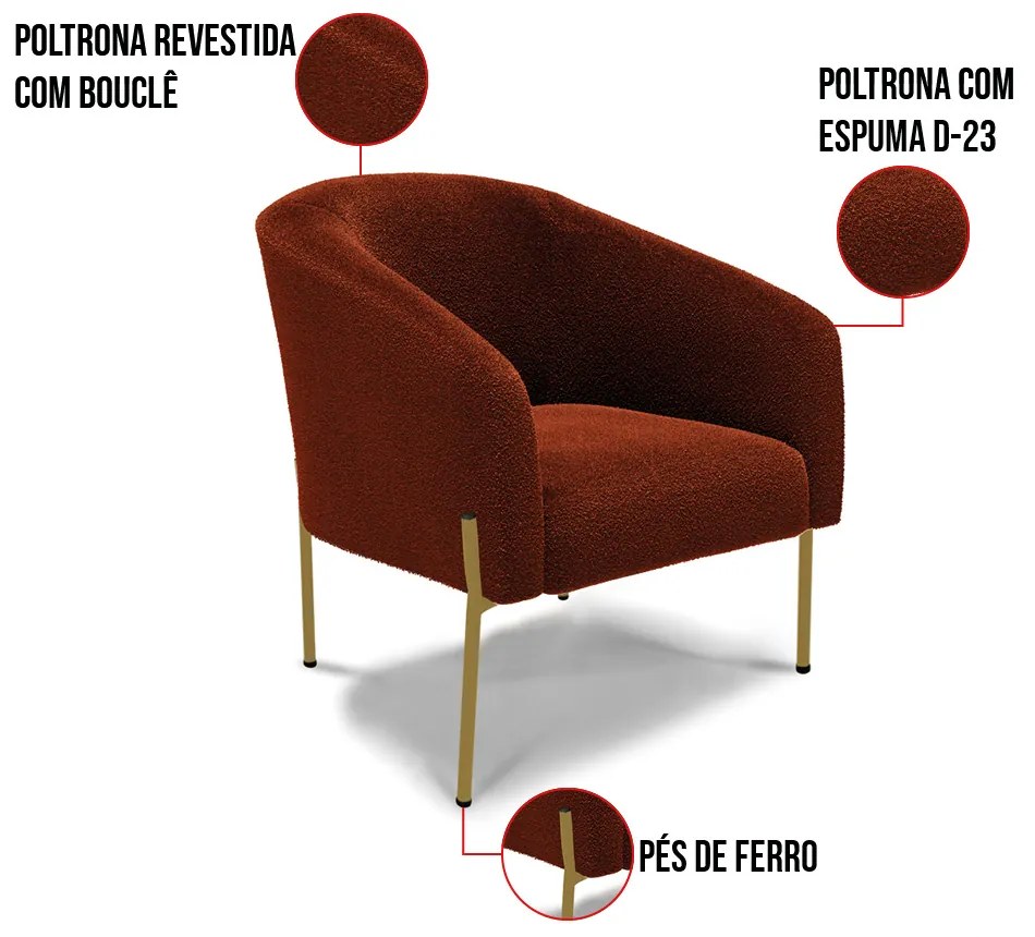 Namoradeira e 2 Poltronas Pé Ferro Dourado Stella Bouclê Terra D03 - D'Rossi