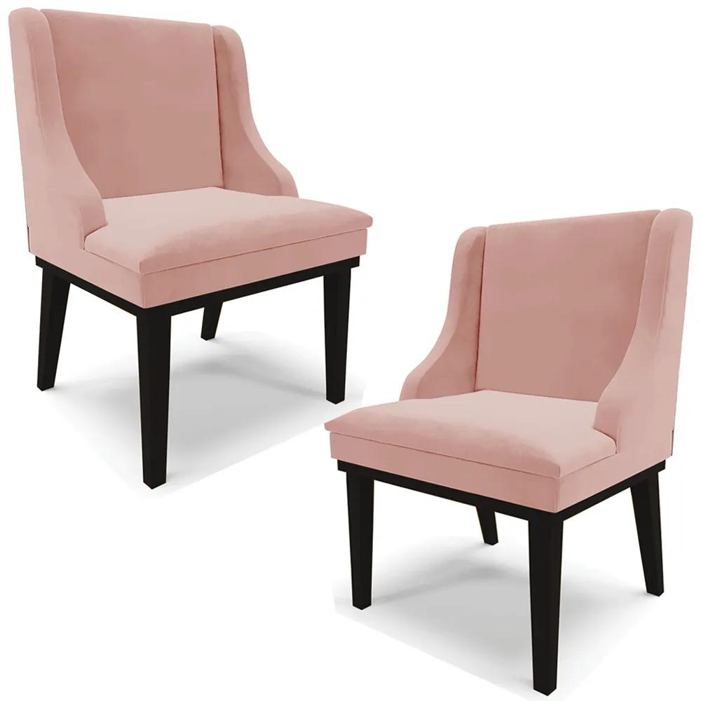 Kit 2 Cadeiras Decorativas Sala de Jantar Base Fixa de Madeira Firenze Veludo Rosê/Preto G19 - Gran Belo