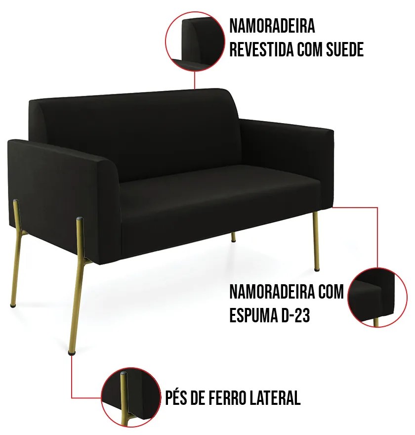 Sofá Namoradeira e Poltrona Pé de Ferro Dourado Marisa Suede D03 - D'Rossi - Preto