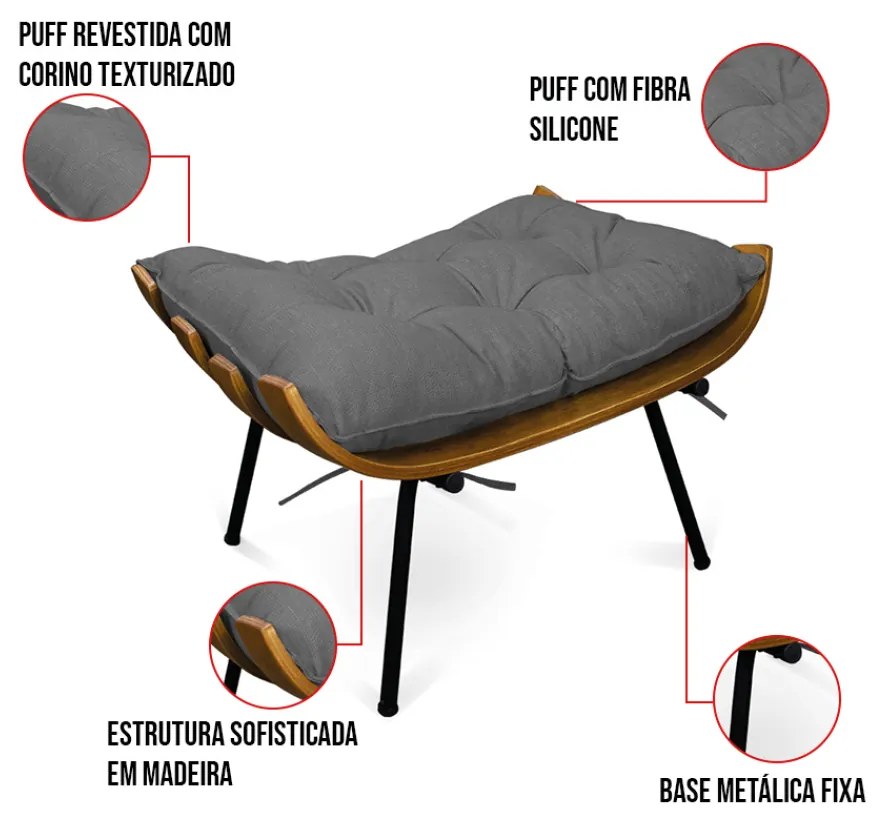 Puff Costela Base Fixa Preta Kit 2 Corino Text Cinza S01 - D'Rossi