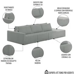 Sofá Ilha Modular com Puff para Sala Living 342cm Georgia K04 Bouclê C