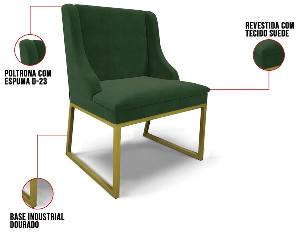 Cadeira Sala de Jantar Industrial Dourado Liz Suede Verde D03 - D'Rossi