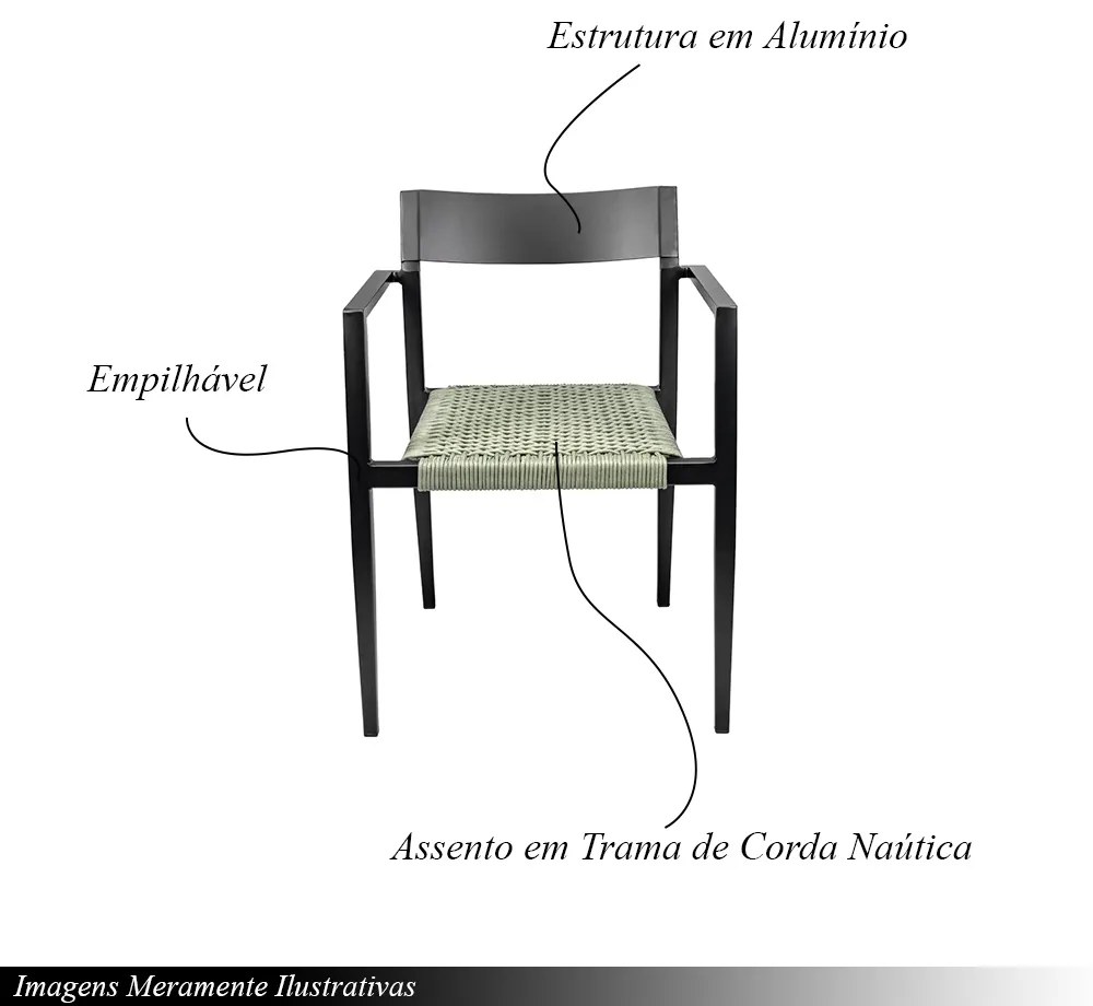 Kit 4 Cadeiras Área Externa com Corda Naútica Floripa Alumínio Preto/Verde G56 - Gran Belo