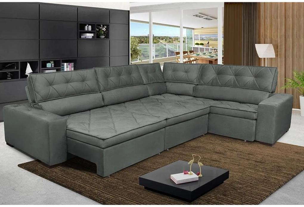 Sofa de Canto Retrátil e Reclinável com Molas Cama inBox Austin 3,45X2,44 ou 2,44X3,45 Suede Velusoft Cinza