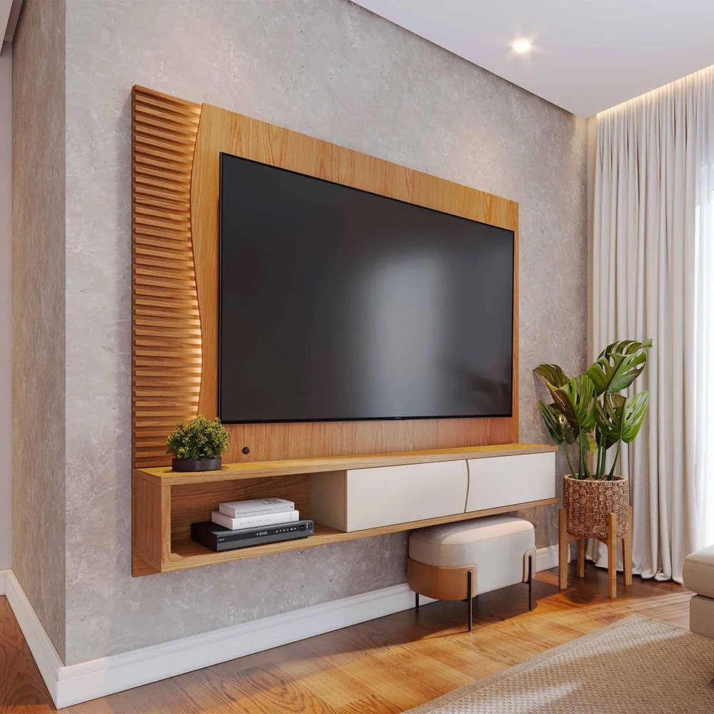 Painel TV 65 Pol 180cm Bancada Suspensa Ripado Manacá C04 - D'Rossi - Freijó e Off White Matte