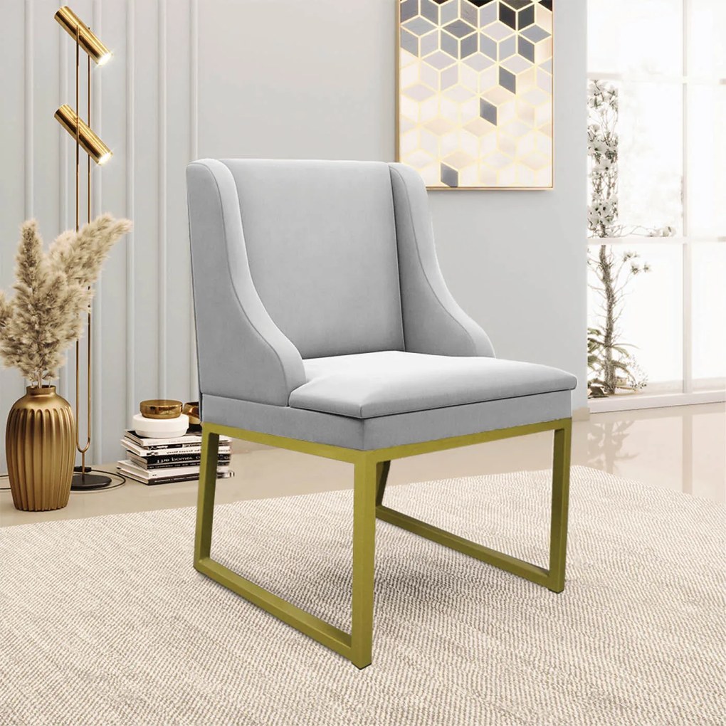 Cadeira Sala de Jantar Industrial Dourado Kit 8 Liz Suede Cinza D03 - D'Rossi