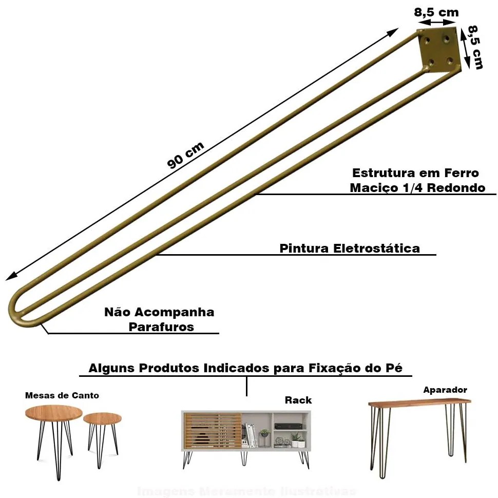 Kit 20 Pés de Metal 90 CM Hairpin Legs Aparador e Mesa de Canto Dourado G41