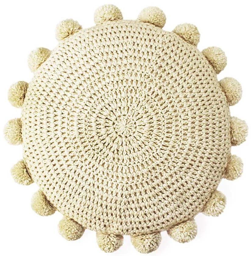 Almofada de crochet redonda com pompom bege