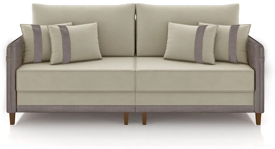 Sofá Living Montecarlo 3 Lugares Bipartido 252cm Pés em Madeira Veludo/PU Bege/Cinza G33 - Gran Belo