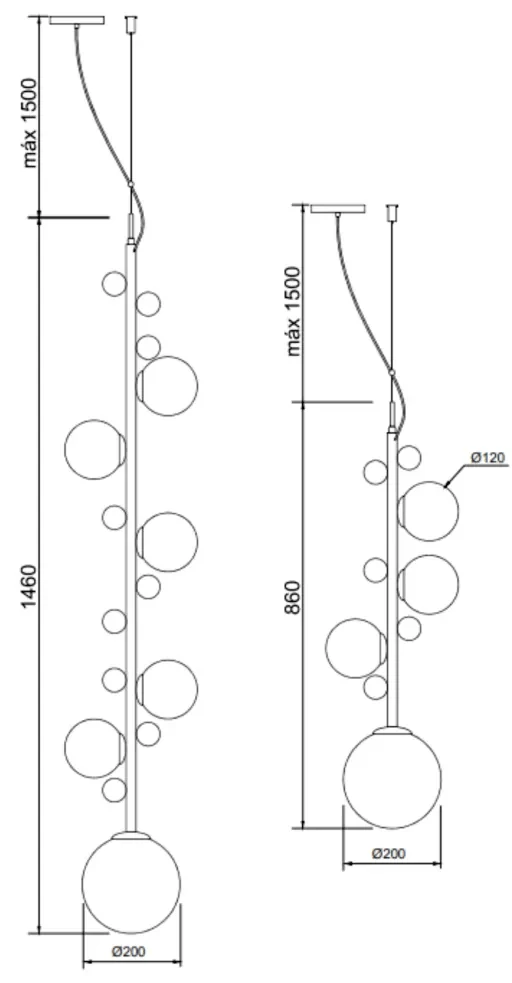 Pendente Aliança Ø20X146Cm 06Xg9 Globo 12Cm - Usina 90010/6 (ES-V - Alumínio Escovado Verniz, Ambar)