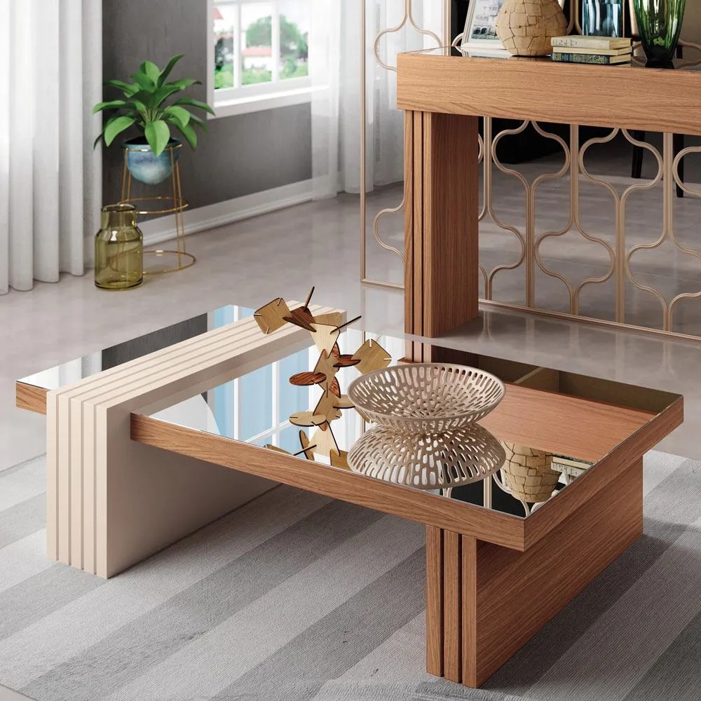 Mesa de Centro para Sala de Estar com Espelho Riad Nature/Off White G26 - Gran Belo