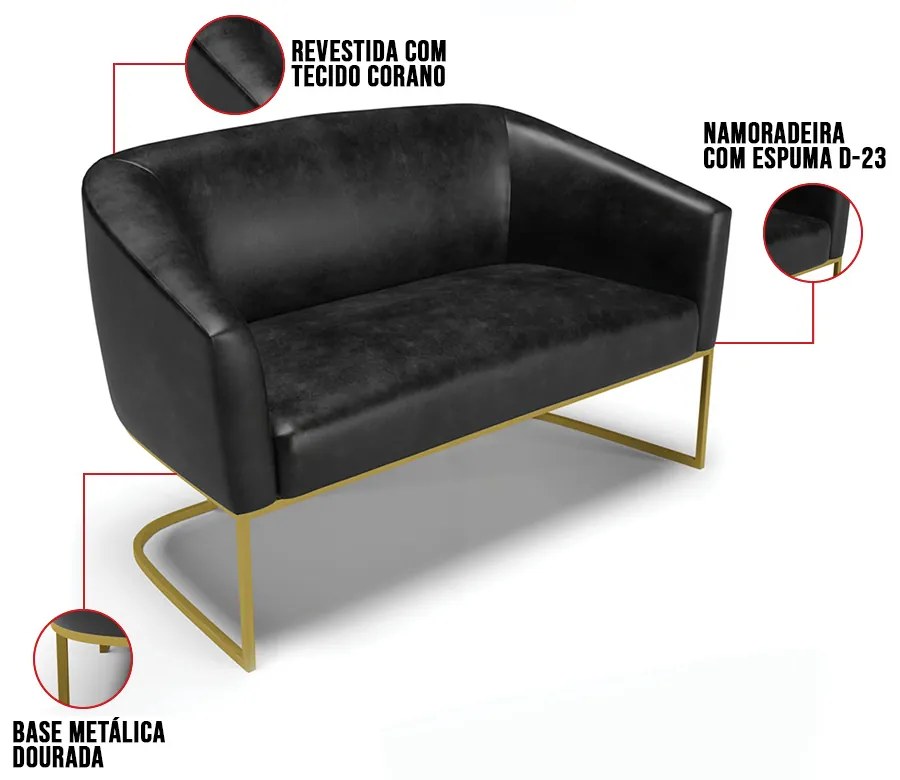 Sofá 2 Lugares Namoradeira Industrial Dourado Stella Sint PU Preto D03 - D'Rossi