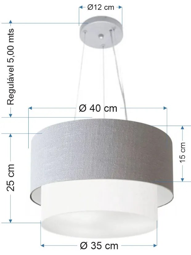 Lustre Pendente Duplo Cilíndrico Vivare Md-4158 Cúpula em Tecido 40x35cm - Bivolt