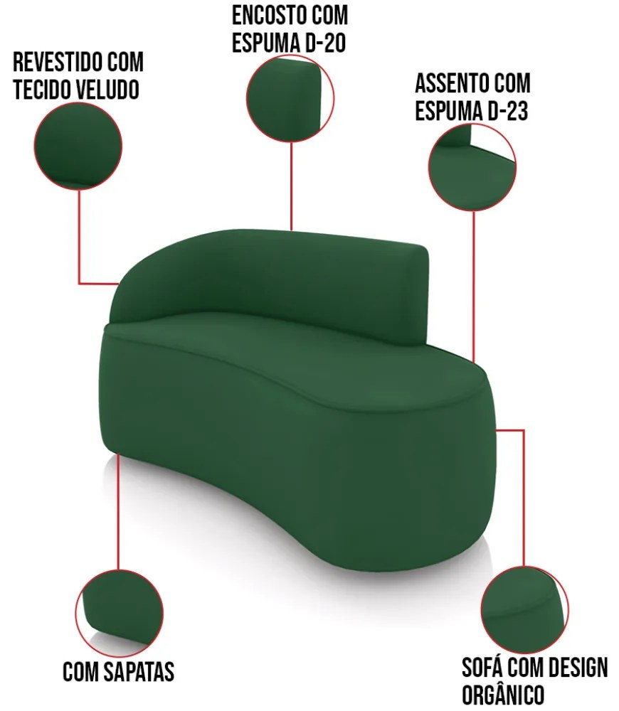 Sofá 2 Lugares Orgânico 140 cm Morgan Veludo Verde D03 - D'Rossi