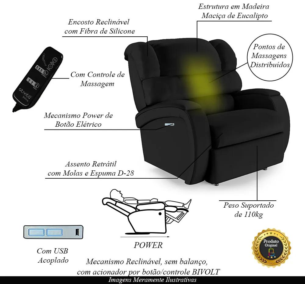 Poltrona do Papai Sala de Cinema Reclinável Kylie Elétrica Botão com Led Massagem USB PU Preto G23