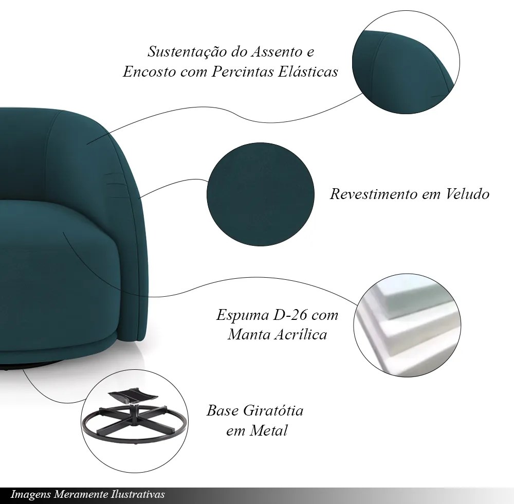 Kit 2 Poltronas Decorativas Jenny Base Giratória em Metal Preto Veludo Azul Marinho G45 - Gran Belo