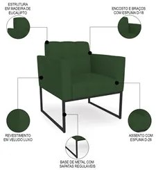 Poltrona Decorativa Base Industrial Preto Ana Veludo Luxo Verde - Ibiz