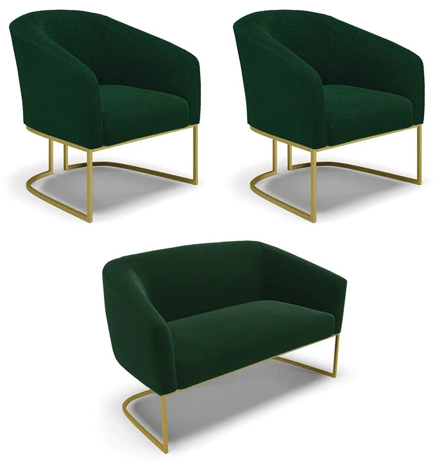 Namoradeira e 2 Poltronas Industrial Dourado Stella Bouclê D03 - D'Rossi - Verde