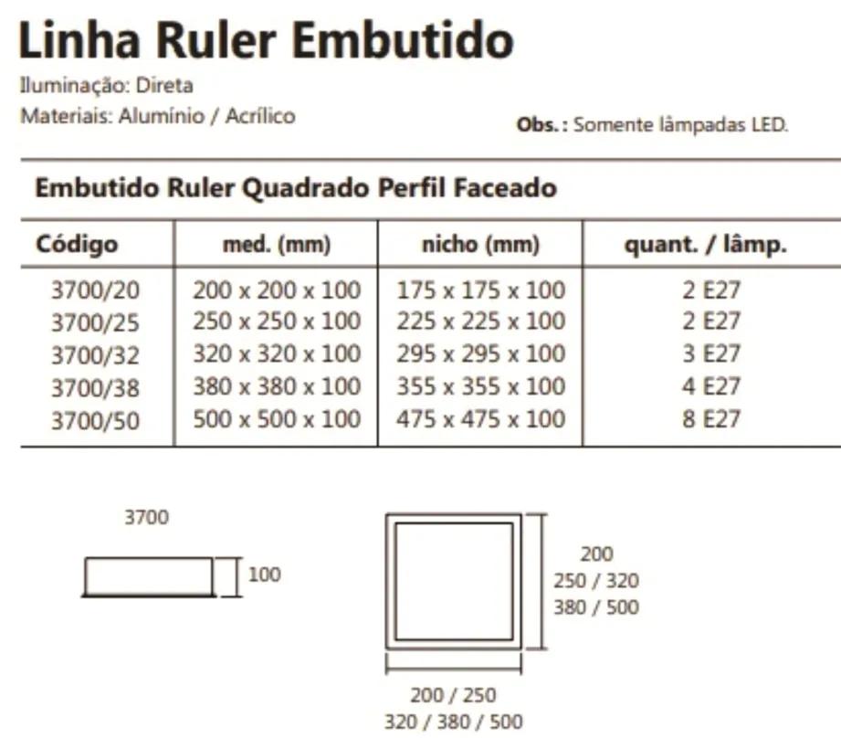 Luminária De Embutir Ruler Quadrado 25X25X10Cm 2Xe27 | Usina 3700/25 (ND-B - Nude Brilho)