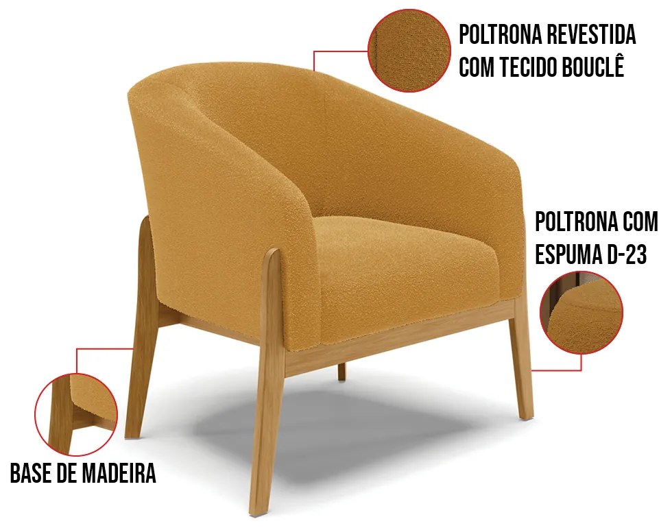 Poltrona Decorativa Base Madeira Stella Bouclê Mostarda D03 - D'Rossi