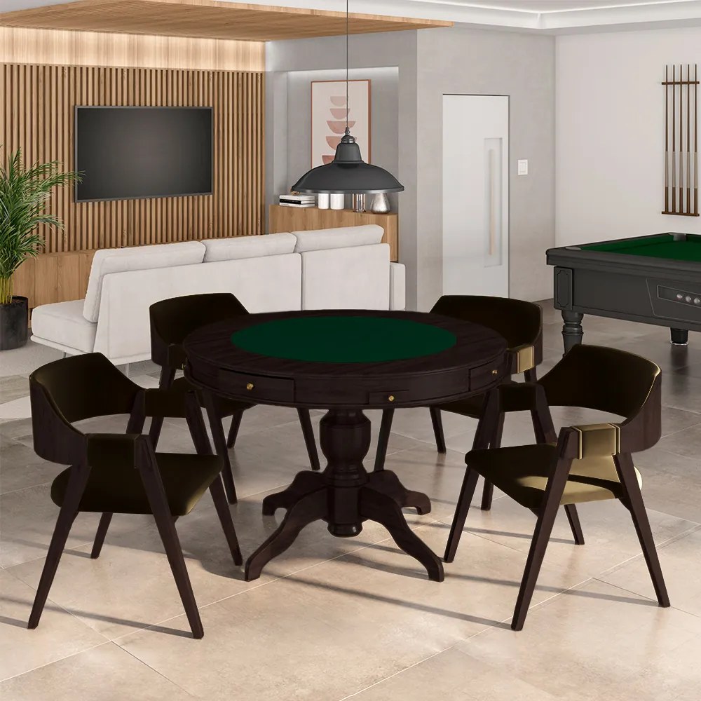 Conjunto Mesa de Jogos Carteado Bellagio Tampo Reversível e 4 Cadeiras Madeira Poker Base Estrela Veludo Verde/Tabaco G42 - Gran Belo