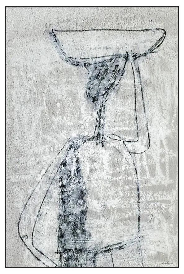 Quadro Decorativo Figurativo Mulher em Movimento Com a Mão na Cabeça Cinza e Branco - CZ 44117