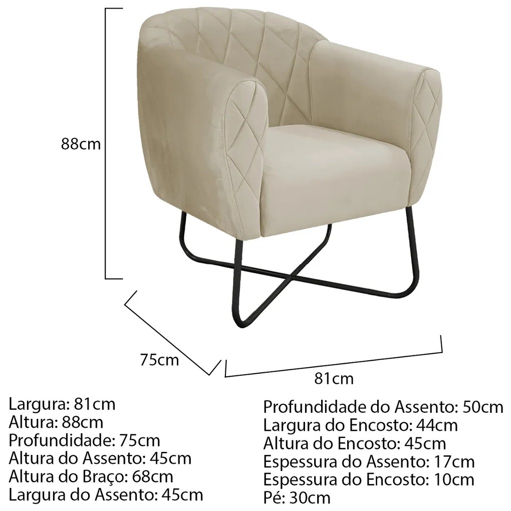 Poltrona Grazi Base X Preta Linho - ADJ Decor