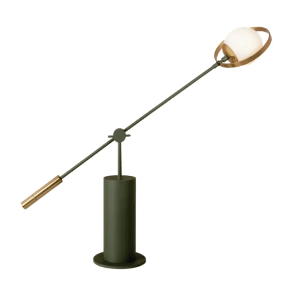 Abajur Viga 18X44X90Cm 01Xg9 Globo Ø12Cm - Usina 50040/1 (OL-F / DR-P - Verde Oliva Fosco / Dourado Brilho Polido, Branco (Fosco))