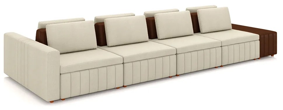 Sofá Ilha com Encosto e Almofadas Móveis Olimpo 425cm Modulado Linho/PU Bege/Marrom G45 - Gran Belo