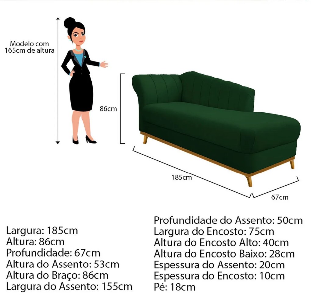 Recamier Vanessa 185cm Lado Esquerdo Suede Verde - ADJ Decor