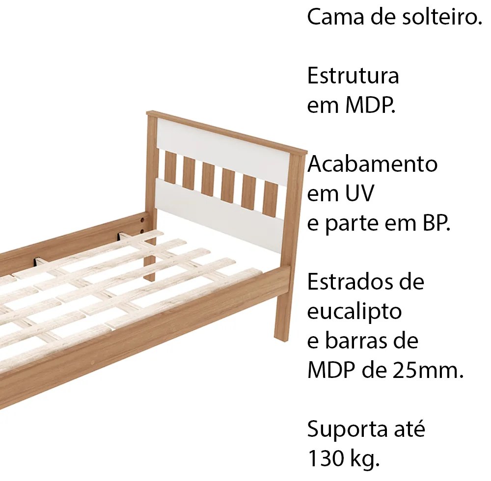 Cama de solteiro MDP CM8006 Amendoa/Branco G69 - Gran Belo