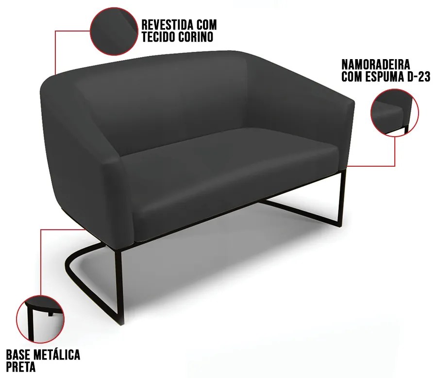 Sofá 2 Lugares Namoradeira Industrial Preto Stella Sintético D03 - D'Rossi - Preto