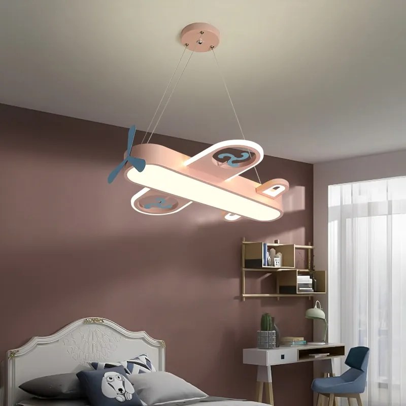 Lustres infantil avião moderno conduziu a lâmpada pingente para o quarto das crianças em casa crianças bebê meninos avião pendurado lustre de teto decoração luminária - Azul-Bebê - Dia550mm | Branco quente