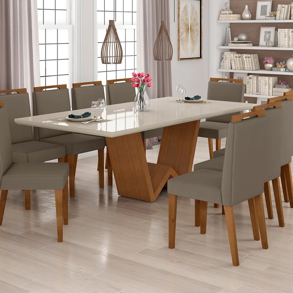 Mesa de Jantar Valentina 220x110 cm Off White com Base de Madeira Cinamomo - D'Rossi